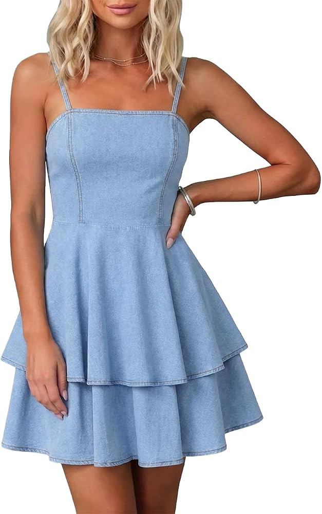 FOMELY Denim Dress for Women Ruffle Sexy Spaghetti Strap Backless Mini Jean Dress | Amazon (US)