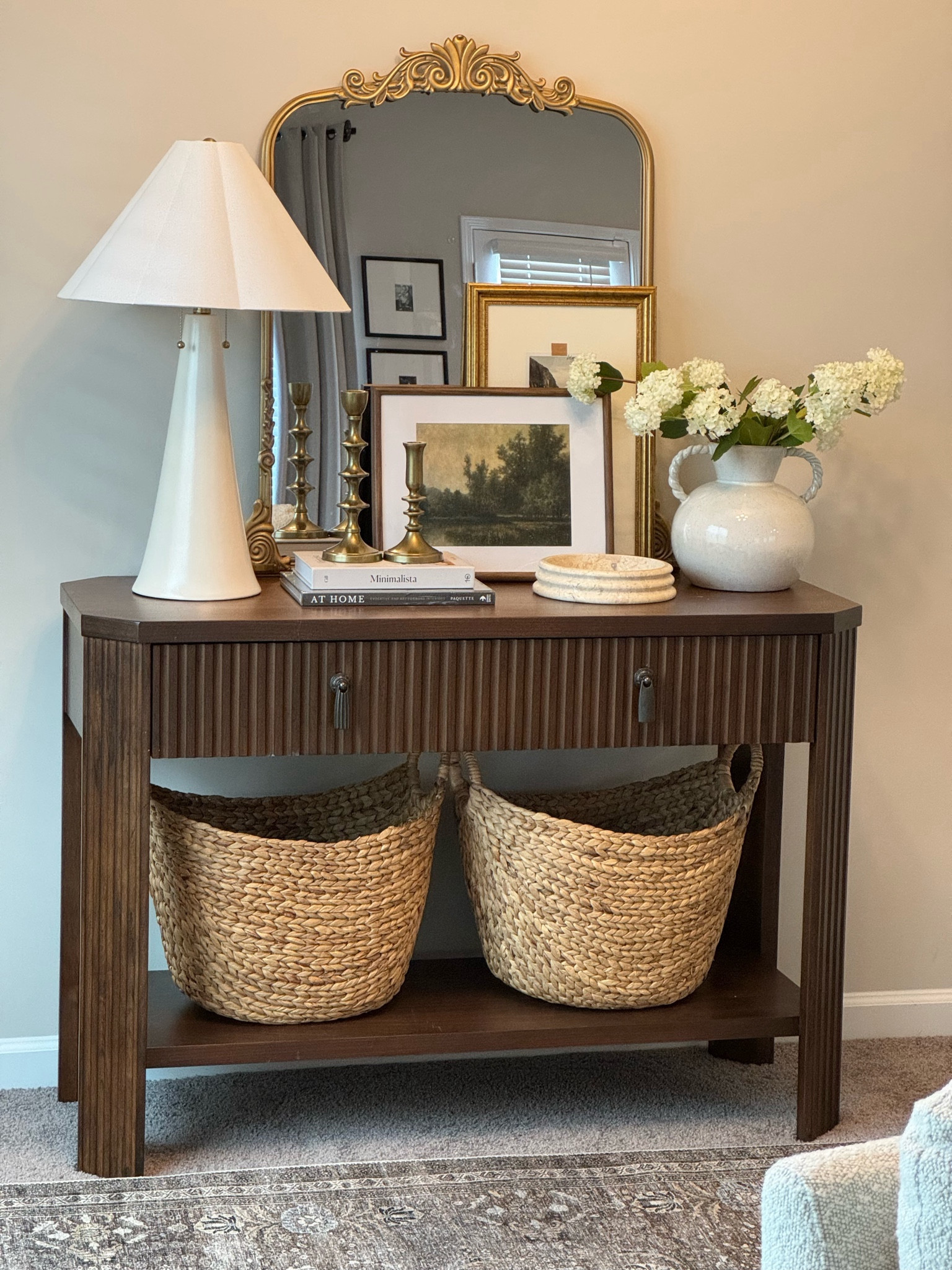 Console table styling, Target home, neutral home decor, console table decor, console table, woven baskets, affordable console table, affordable home decor, ceramic vase, amazon vase, studio McGee vase, Etsy wall art, vintage wall art, marble bowl, vintage taper holders, taper holders, coffee table books, neutral wall art, neutral lamp, vintage mirror, gold mirror, antique mirror, spring florals, white snowball floral, home decor, affordable home, neutral home, home styling, affordable home finds

#LTKstyletip #LTKhome
