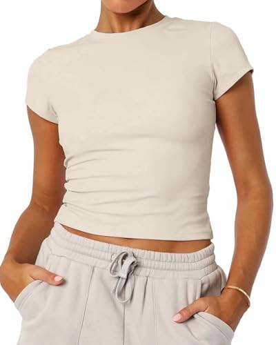 Women's Basic Summer Short Sleeve Crewneck T-Shirts Y2K Cute Going Out Tops Baby Tee(Light Beige,Medium) | Amazon (US)