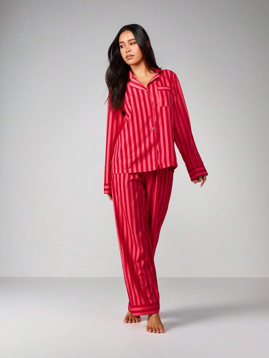 MISSGUIDED Striped Long Sleeve Button Up Pajama Set For Women Comfort Sleepwear Lounge | SHEIN