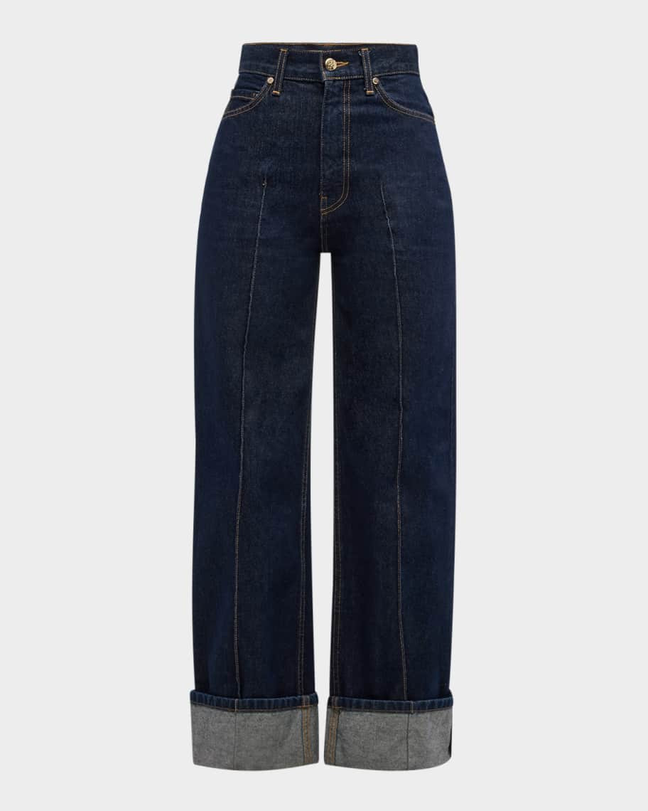 The Genevieve Topstitched Wide-Leg Denim Jeans | Neiman Marcus