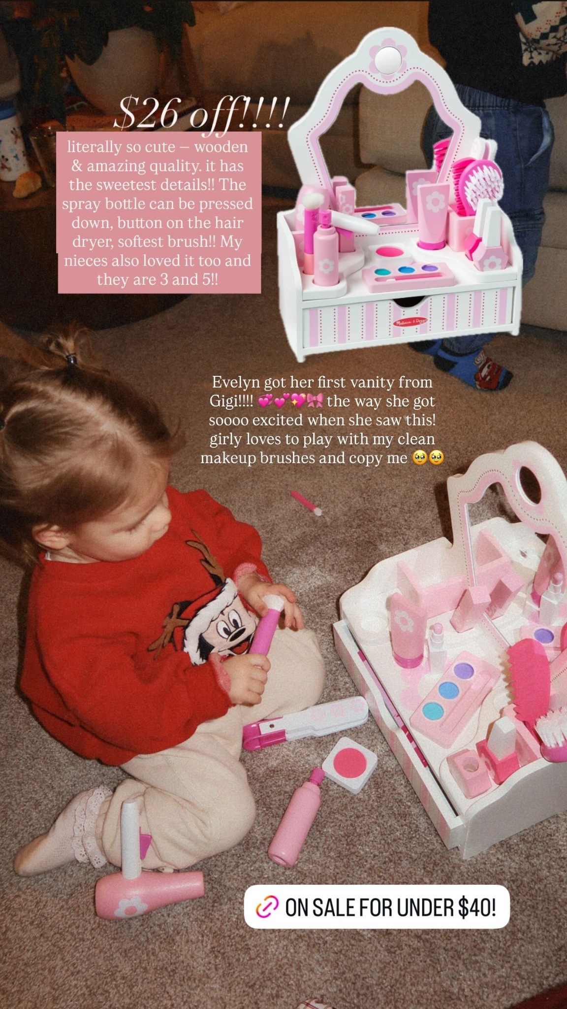 Evelyn got her first vanity from Gigi!!!! 💞💕💖🎀 the way she got soooo excited when she saw this! girly loves to play with my clean makeup brushes and copy me 🥹🥹 literally so cute — wooden & amazing quality. it has the sweetest details!! The spray bottle can be pressed down, button on the hair dryer, softest brush!! My nieces also loved it too and they are 3 and 5!! $26 off!!!! @vcampbellphoto