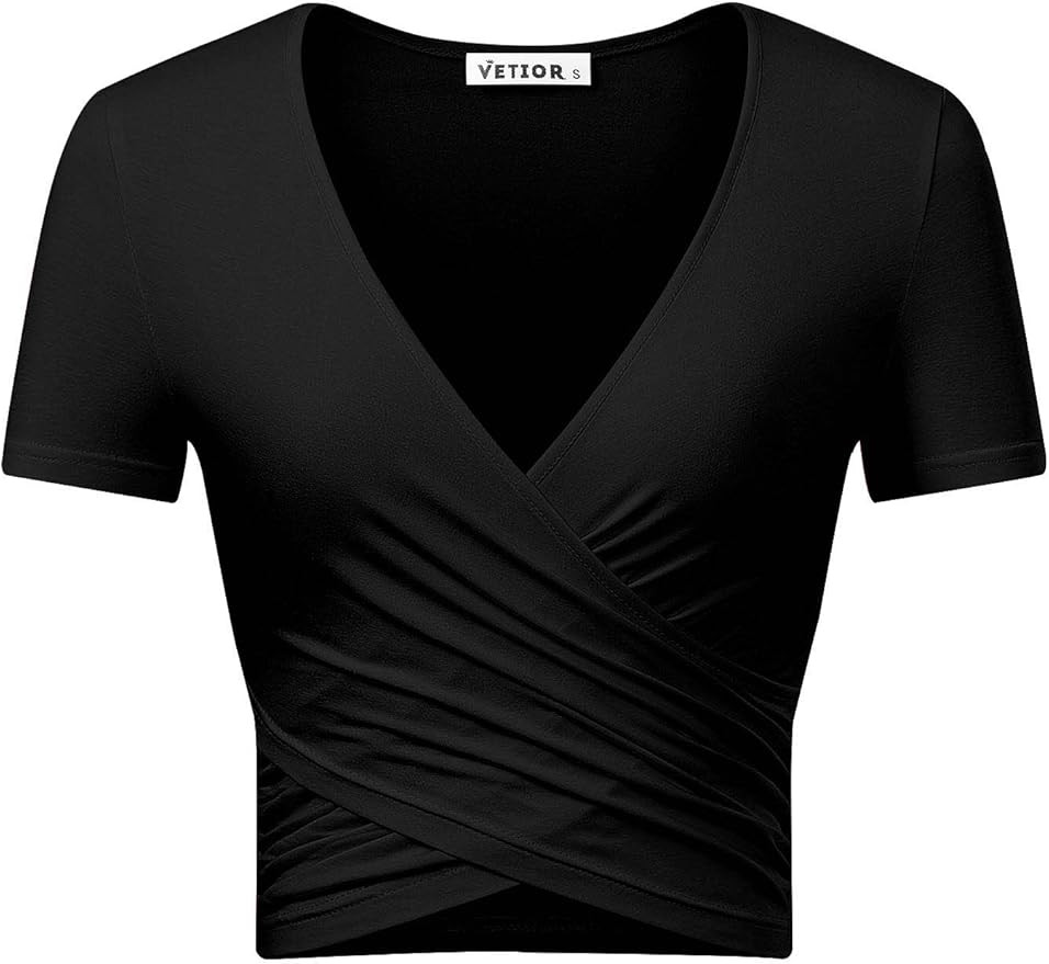 VETIOR Women's Sexy Deep V Neck Short Sleeve Unique Slim Fit Cross Wrap Shirts Crop Tops Going Ou... | Amazon (US)