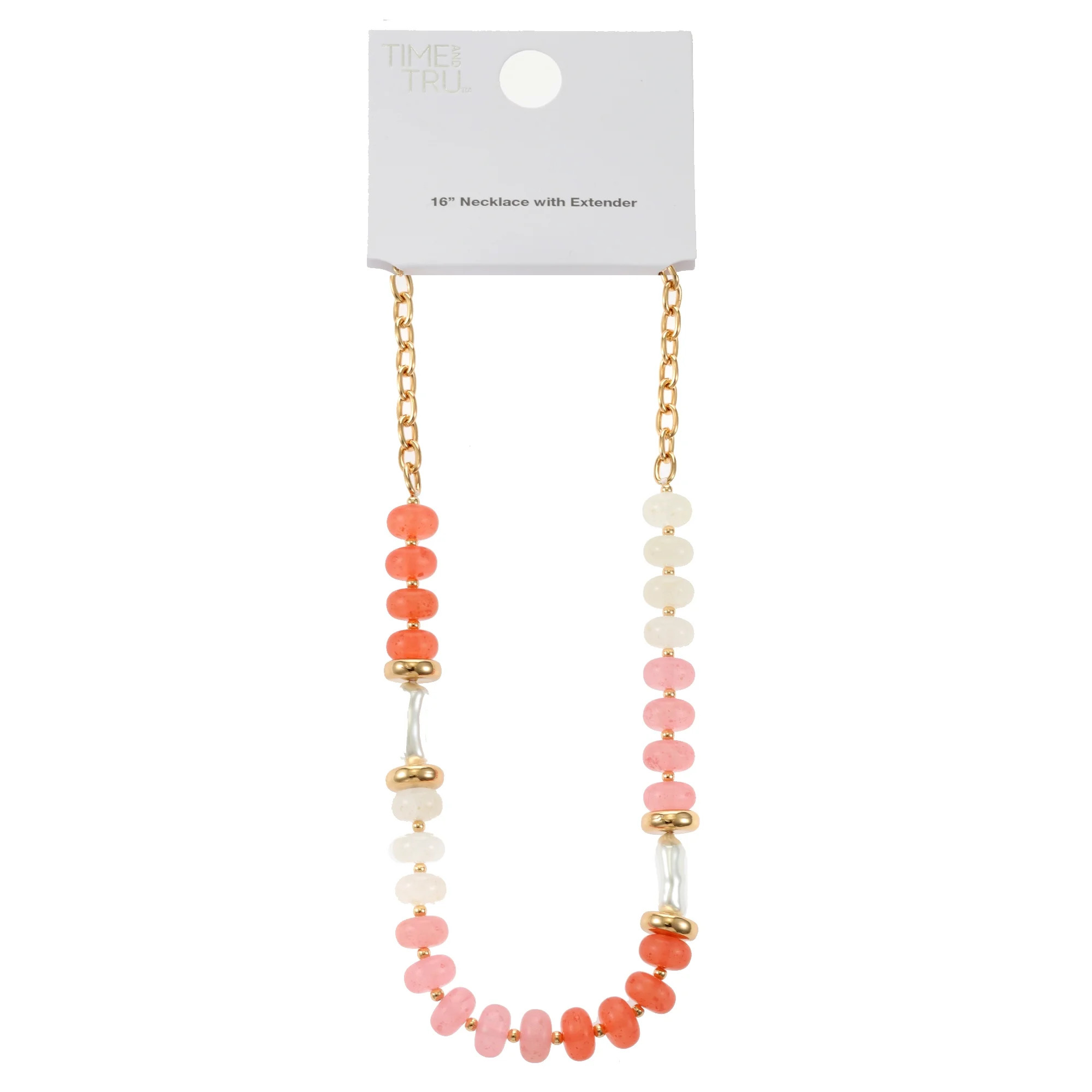 Time and Tru Goldtone Beaded Necklace, Pink, Coral and Simulated Pearl, 1 Piece | Walmart (US)