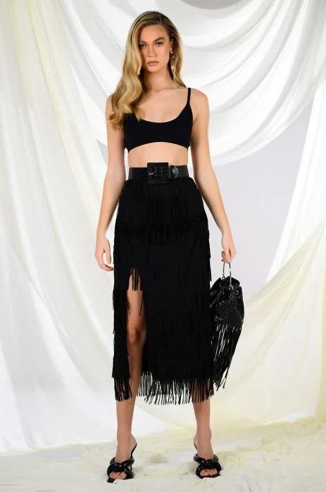 ITS YOUR TIME FRINGE MIDI SKIRT IN BLACK | AKIRA