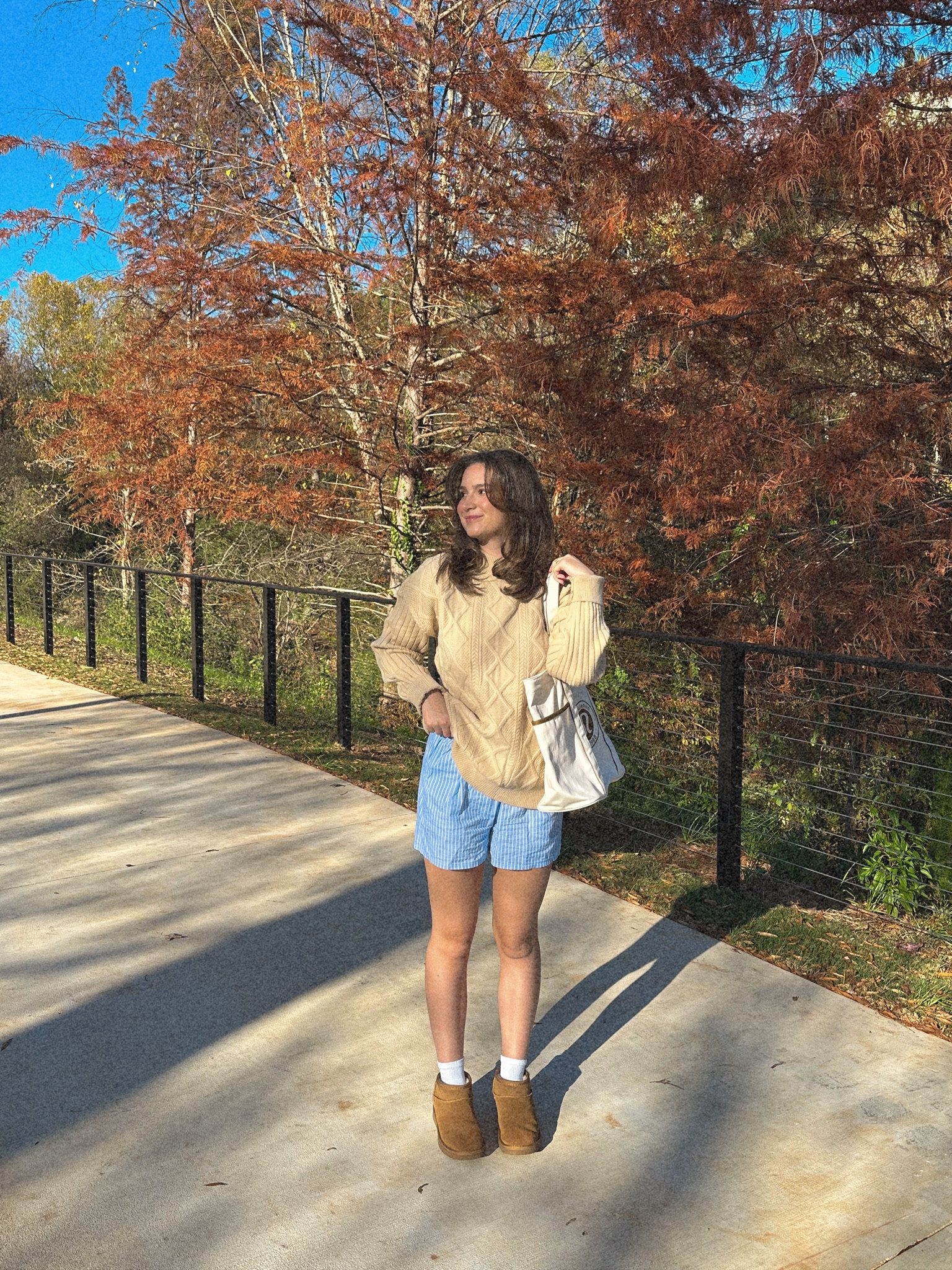 Striped Shorts, Oversized Sweater, Thick Sweater, Neutral Sweater, Chunky Gold Earrings, Silver Chunky Earrings, Rectangle Sunglasses, Ankle Socks, Loafer Socks, Ugg Boots, Brown Handbag, Fall Outfit, Casual Fall Outfit, Scandinavian girl outfit, Pinterest Outfit, Chunky Sweater, Lululemon Bag, Running Errands Outfit, Winter Outfit, Winter Inspo, Winter Hair, Winter Hair Color, 90s Blowout

#LTKsalealert #LTKshoecrush #LTKSeasonal