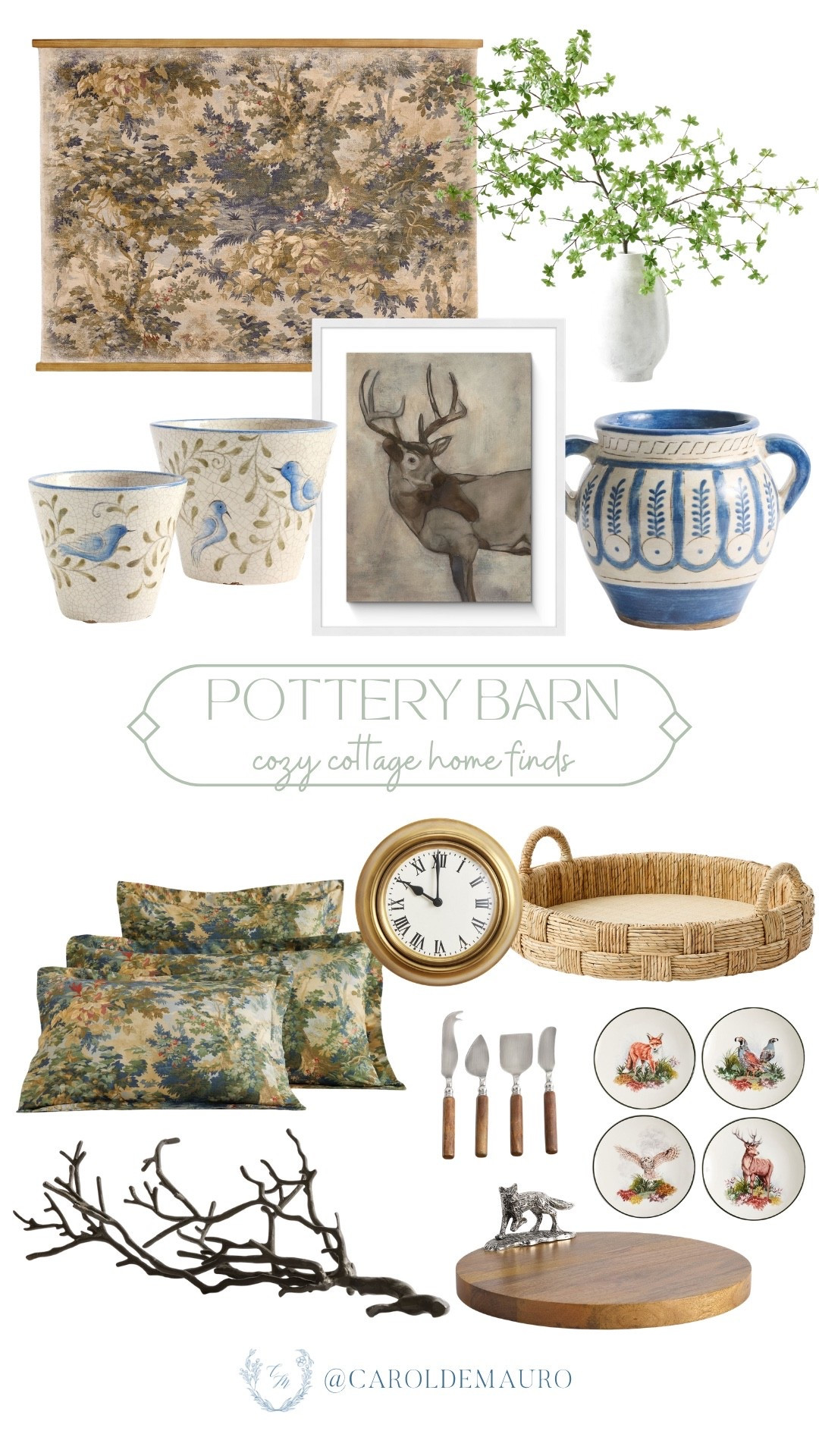 Pottery Barn has the best decor pieces this season. The woodland tapestry and bird-printed planters are such a mood for a cozy cottage refresh. Pairing the animal-themed plates with that woven tray is an easy way to bring rustic, slow-living vibes to the table.

home finds, cozy cottage, decor styling, tabletop decor, entryway finds, farmhouse inspo, ceramic vases, living room

#LTKU #LTKSeasonal #LTKHome