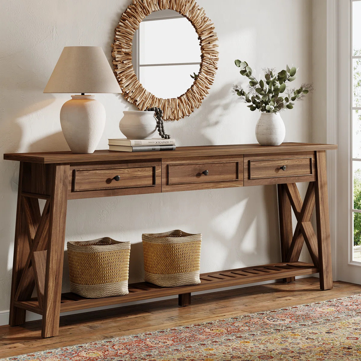 70.87" Console Table With 3 Drawers And Shelves, Farmhouse Wooden Long Sofa Table For Living Room... | Wayfair North America