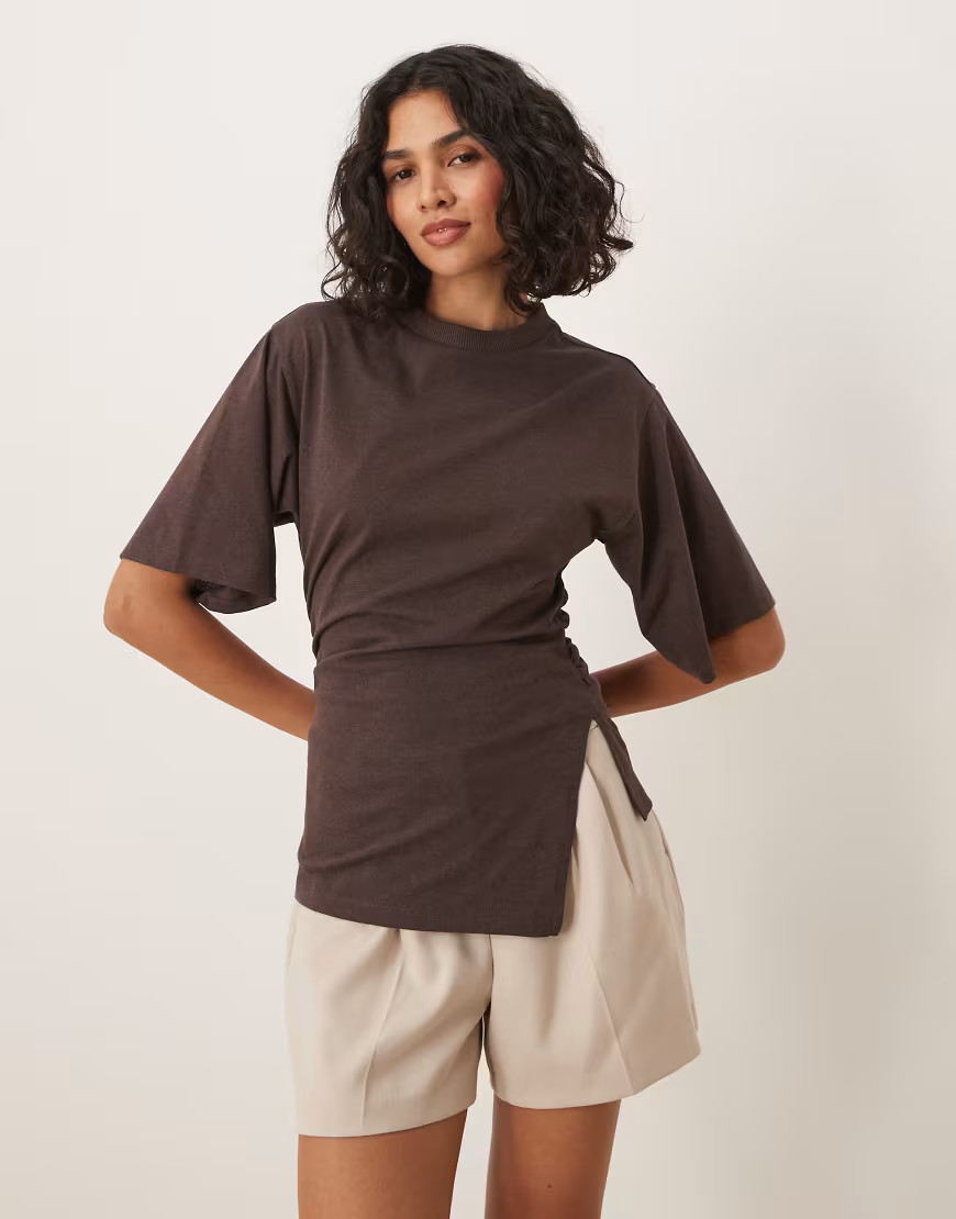 ASOS DESIGN cinched side T-shirt in brown | ASOS (Global)