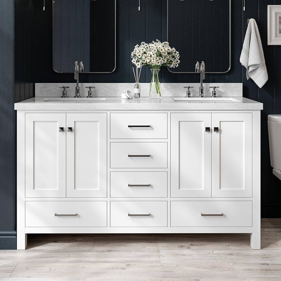 ARIEL Cambridge 61 Inch White Bathroom Vanity Double Sink, Solid Wood, Carrara Marble Countertop,... | Amazon (US)