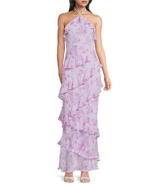 Floral Printed Halter Neck Asymmetrical Ruffled Maxi Dress | Dillard's