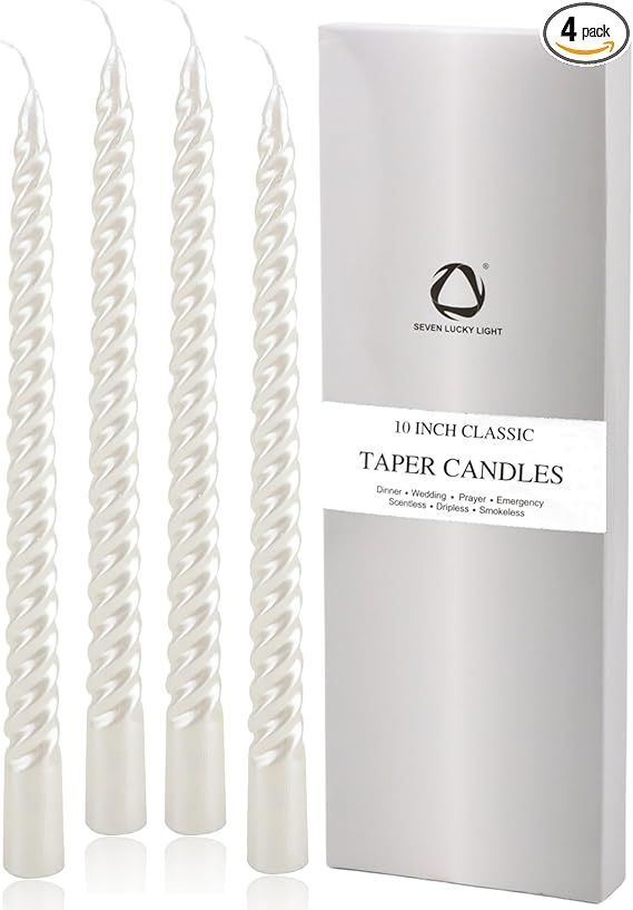 SEVEN LUCKY LIGHT Taper Candles,4 Pcs Metal Style Pearl White,10 inches Ture Dripless White Candl... | Amazon (US)