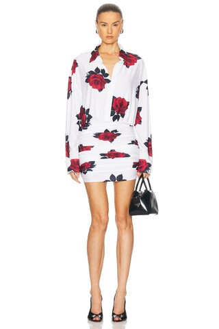 Norma Kamali Oversized Boyfriend Shirt Shirred Bottom Mini Dress in White,Red | FWRD 