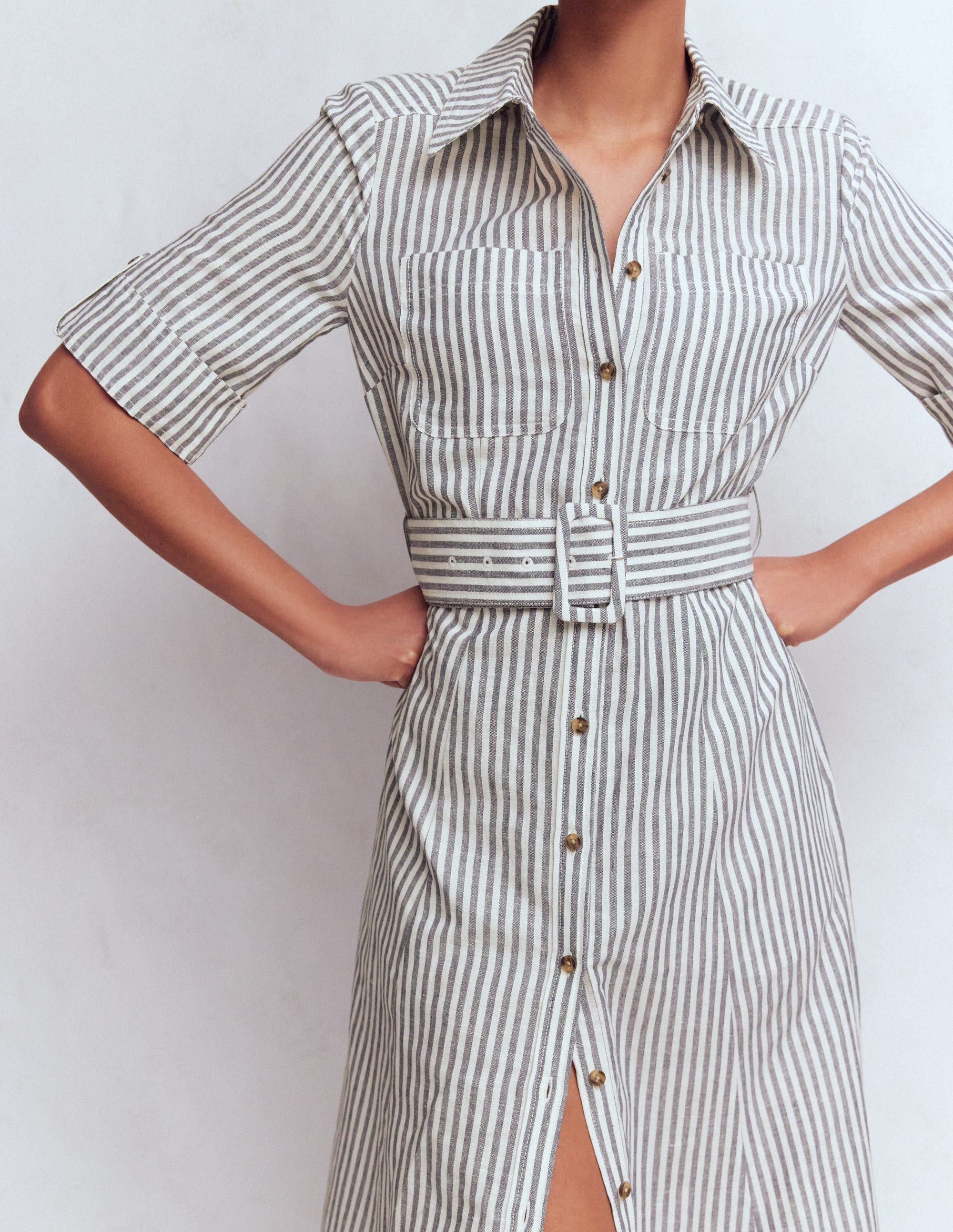 Ora Linen Blend Shirt Dress-Navy Ivory Stripe | Boden (US)