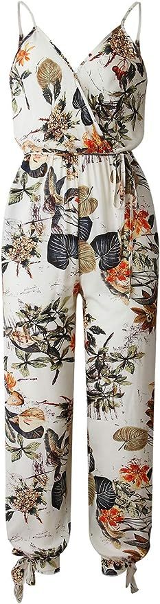 Locachy Women's Casual Slim Floral Printed V Neck Backless Halter Sleeveless Jumpsuit Rompers | Amazon (US)