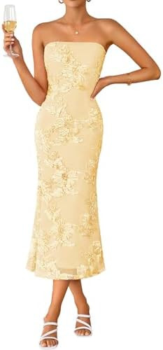 ZESICA Women's Summer Strapless Floral Midi Dress 2026 Bodycon Mesh Tube Wedding Guest Cocktail P... | Amazon (US)