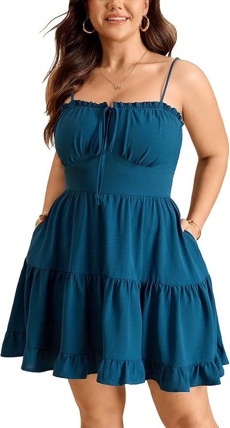 CICIDUDU Plus Size Summer Casual Sleeveless Sundress Spaghetti Strap Cute Flowy Beach Short Mini ... | Amazon (US)