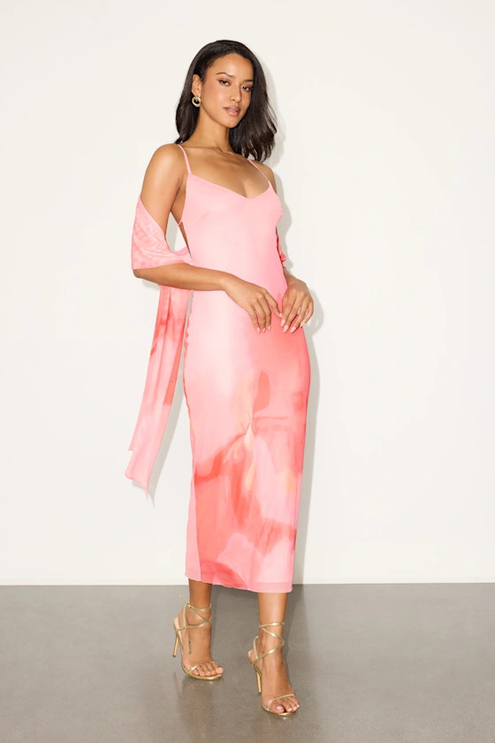 Morena Light Pink Abstract Mesh Sash Scarf Midi Dress | pink bachelorette dress  | Lulus