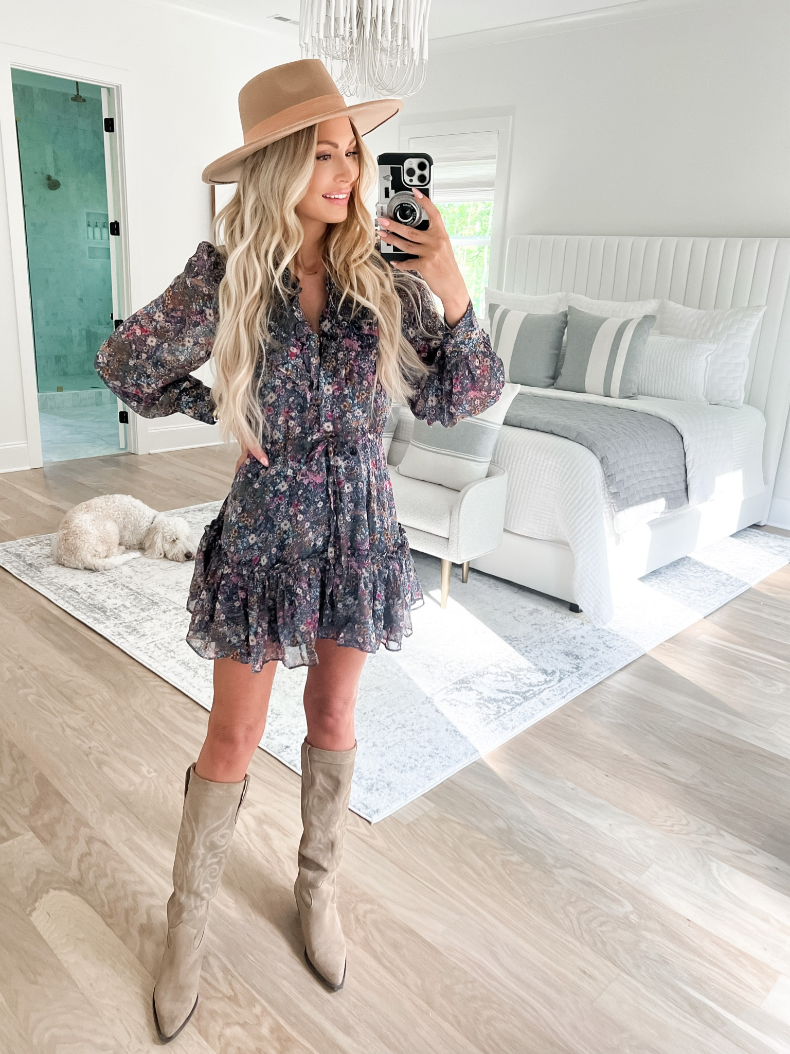 Fall outfit // mini transitional flattering floral dress // cowboy boots // country western // // knee high boots // BuddyLove 