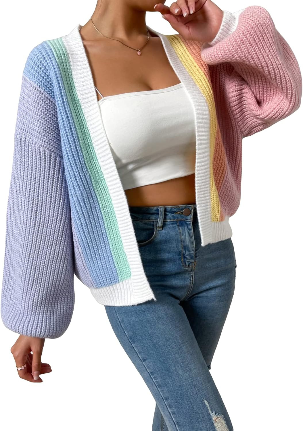 SHENHE Women's Color Block Open Front Long Sleeve Ribbed Knit Cropped Cardigan Sweaters | Amazon (US)