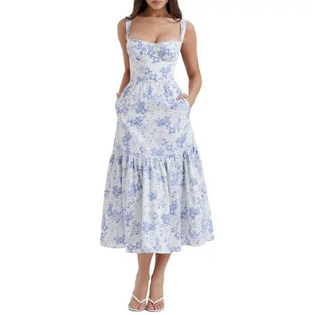 Women Y2k Floral Midi Corset Dress Boho Sleeveless Strap Square Neck Flowy Long Dresses Summer A-line Party Sundress | Walmart (US)
