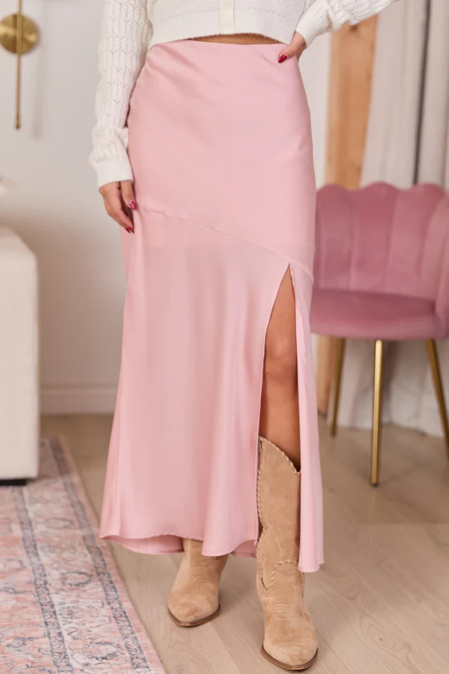 Lumi Blush Satin Slit Maxi Skirt | Pink Lily