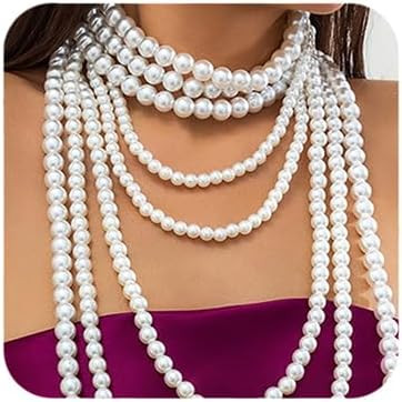 Octwine 8 Layer Boho Round Imitation Pearl Long Layered Choker Necklace Multi Strands Vintage Cho... | Amazon (US)