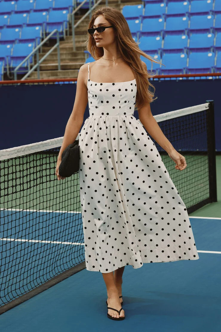 Polka Dot Bustier Poplin Maxi Dress | Dynamite Clothing