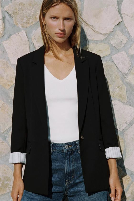 Zara - Shoulder Pad Blazer With Printed Cuffs - Black - S - Woman | Zara US