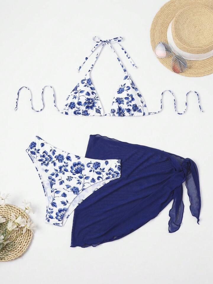 Swim Mod Summer Beach Floral Print Halter Triangle Bikini Set With Beach Skirt | SHEIN