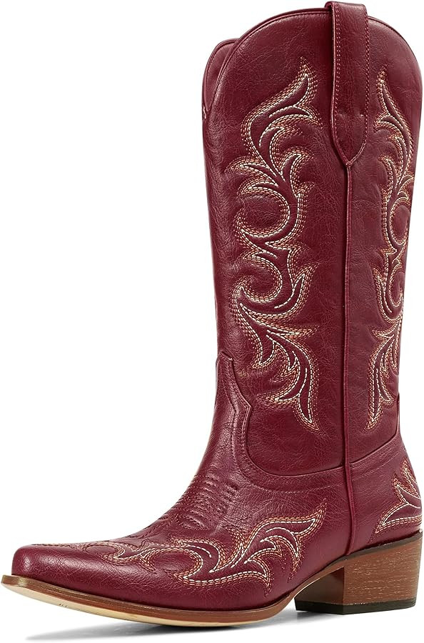 Ouepiano Cowboy Boots for Women Cowgirl Mid Calf Western Embroidered Chunky heels Pointed Toe Pul... | Amazon (US)