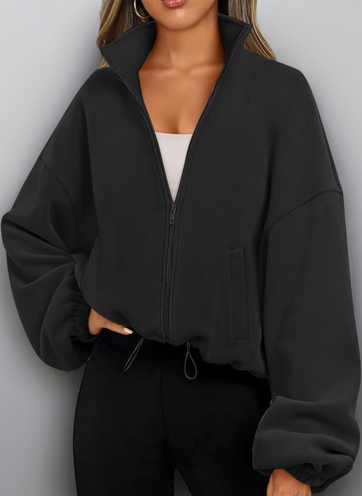 Famulily Womens Drawstring Hem Long Sleeve Crop Sweatshirt Tops Full Zip Fleece Short Jacket with... | Amazon (UK)