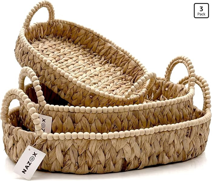 Handwoven Water Hyacinth Wicker Basket Set of 3 - Storage Baskets with Handles & Scalloped Edge f... | Amazon (US)