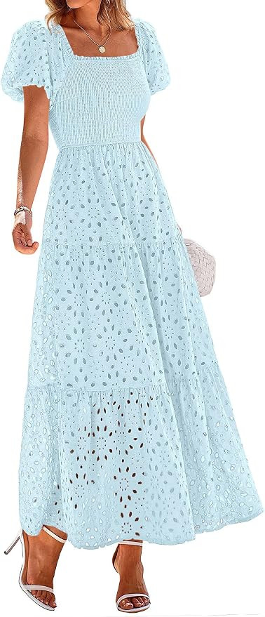 PRETTYGARDEN Summer Dresses for Women 2026 Eyelet Square Neck Puff Sleeve Smocked Wedding Guest M... | Amazon (US)