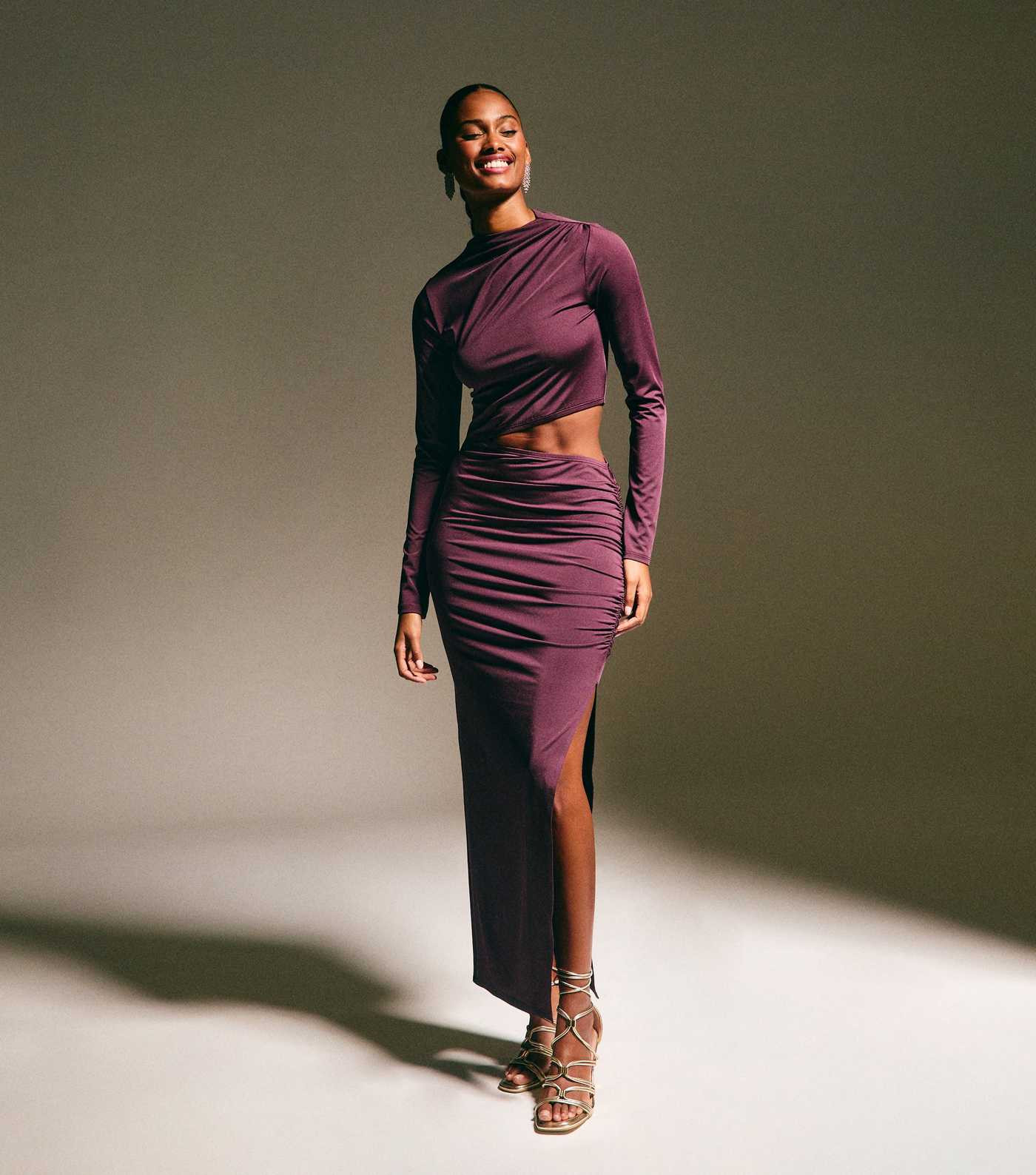 Dark Burgundy Draped Cut Out Midi Dress | New Look | New Look (UK)