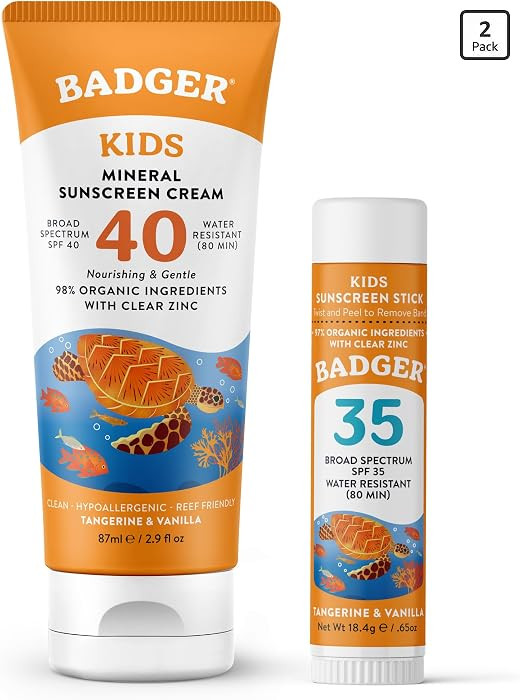 Badger Kids Mineral Sunscreen Combo, SPF 40 Cream + SPF 35 Kids Face Stick, 98% Organic Ingredien... | Amazon (US)