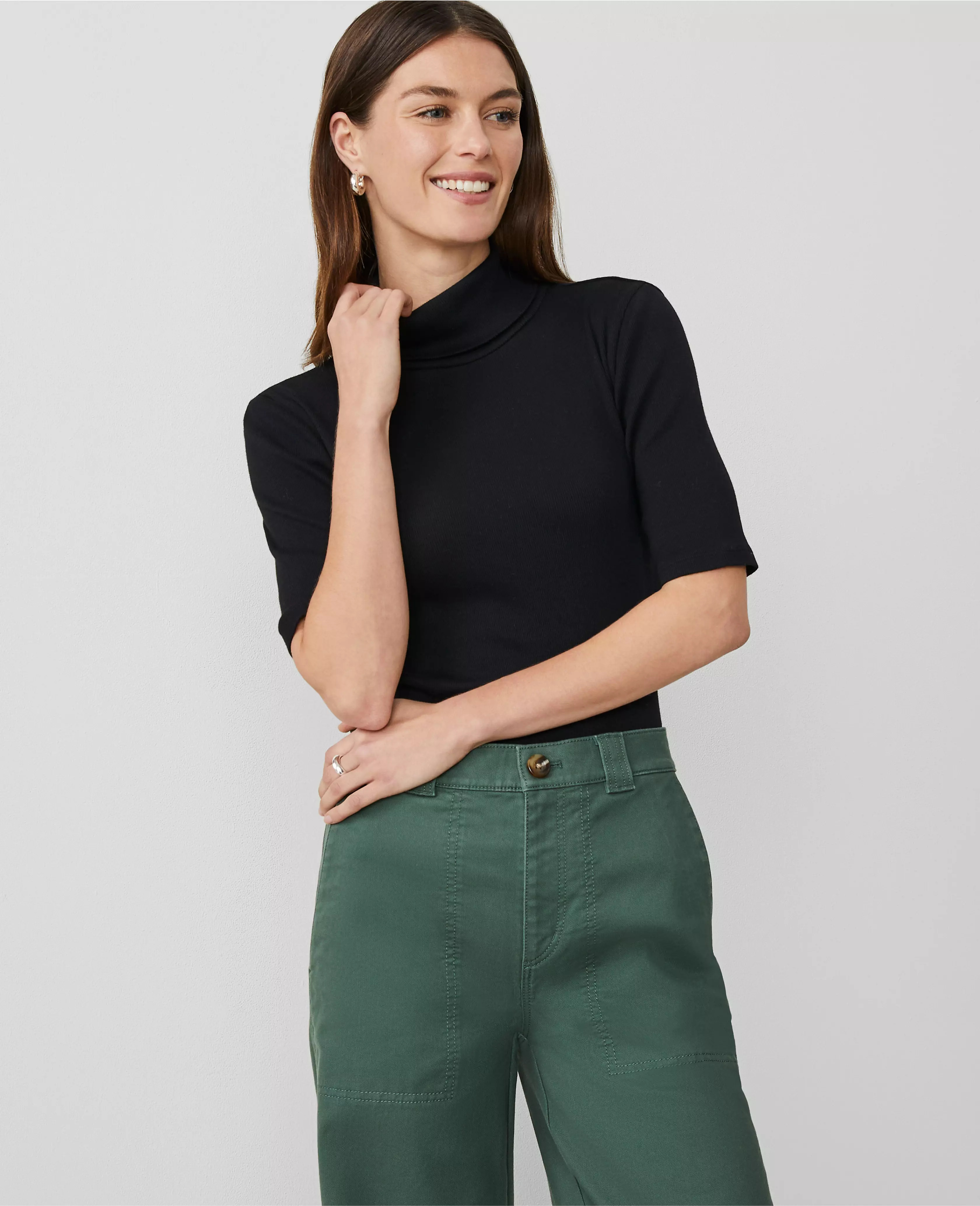 Weekend Collection Ribbed Turtleneck Elbow Sleeve Top | Ann Taylor