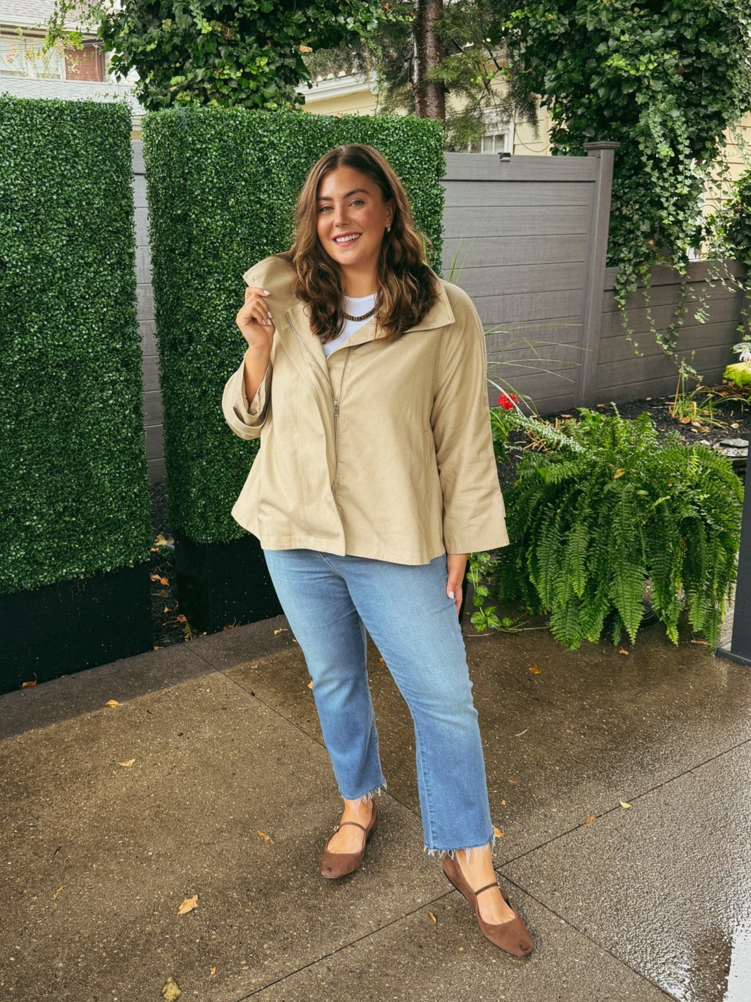 Fall outfit inspo - wearing size XL in funnel neck cropped trench, 16Plus in jeans, XXL in tee.

#LTKootd #LTKSeasonal #LTKPlusSize