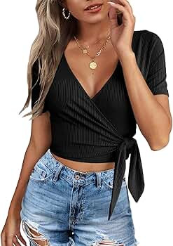 Amazon.com: White Shirts for Women Deep V Neck Tops Unique Cross Wrap Slim Fit Crop Tops XS : Clo... | Amazon (US)