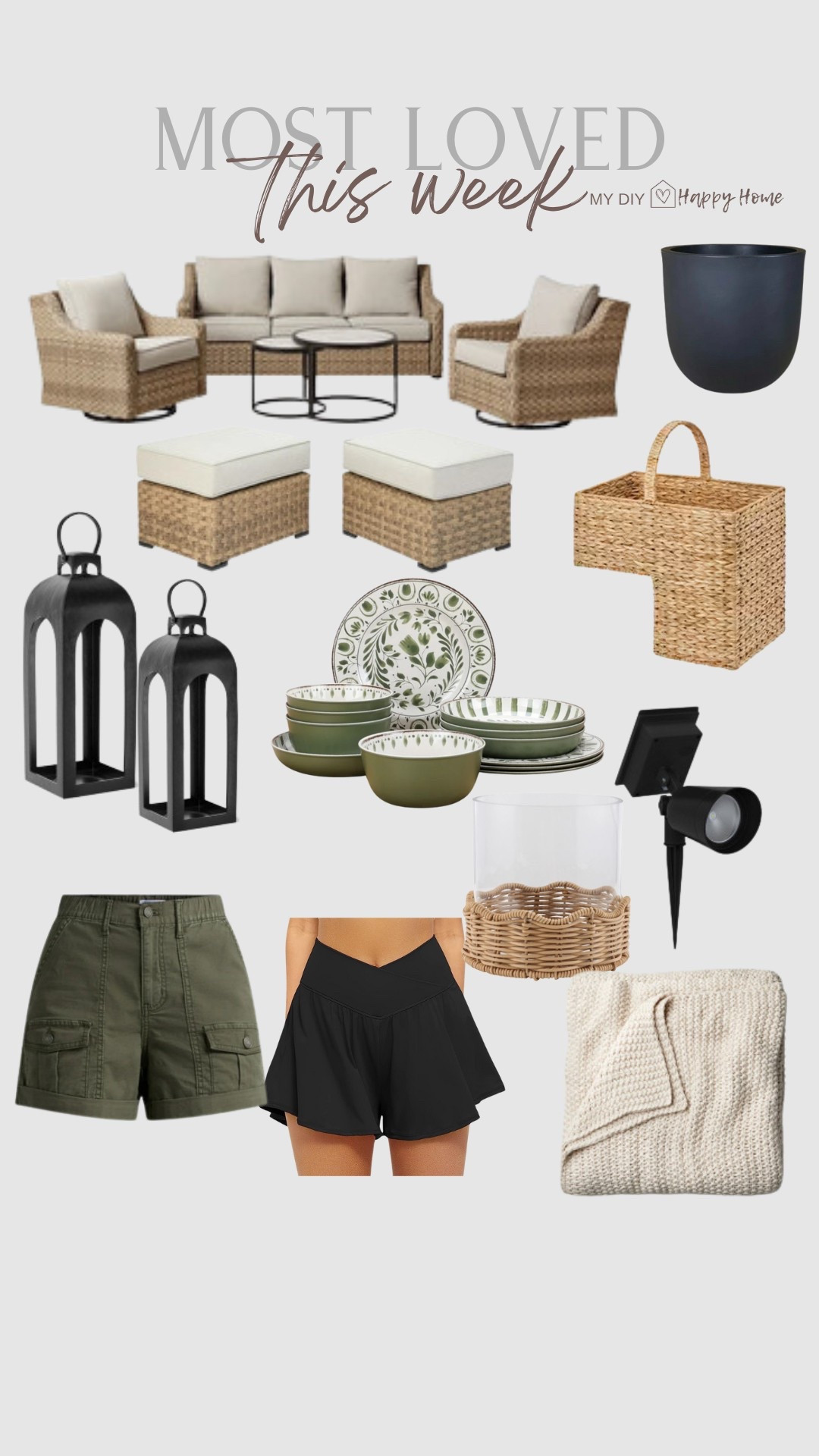 Last weeks most loved:

My outdoor furniture set
Outdoor ottomans 
Black planter 
Lanterns (4 size options)
Bamboo melamine dinnerware set (3 colors)
Stair basket
Solar LED spotlights 
Cargo pocket shorts 
Flowy Athleisure shorts
Chunky knit throw 
Woven scallop hurricane  

#LTKSeasonal #LTKHome #LTKPetite