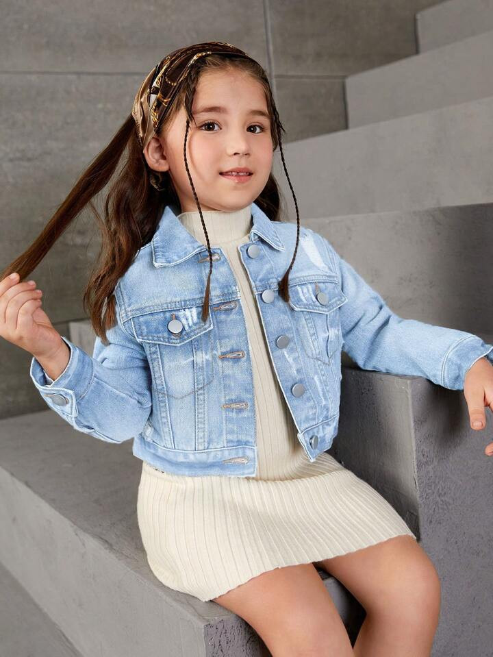 Young Girl Ripped Flap Pocket Denim Jacket | SHEIN