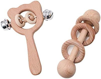 2Pcs Organic Wood Montessori Styled Baby Rattles, Natural Wooden Teethers for Toddlers, Safe Reli... | Amazon (US)