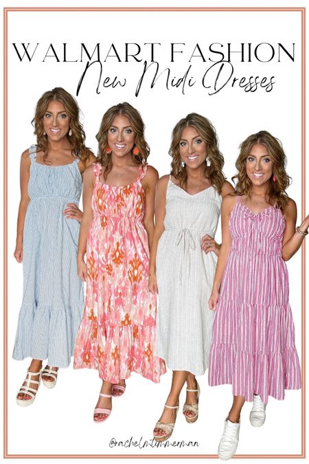 For today’s Saturday Walmart fashion new arrivals, sharing all the new midi dresses for summer! Absolutely love all of these ☺️ each a little different and comes in several color/print options. All super affordable too 🫶🏻 

Walmart fashion. Walmart finds. LTK under 50. Midi dresses. Summer trends. 