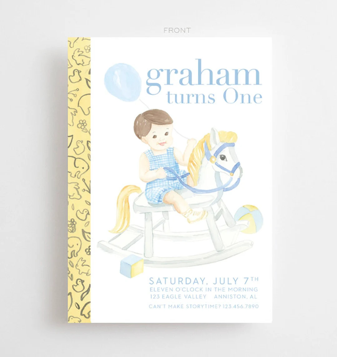 PRINTED Watercolor Little Golden Book Invitations // Rocking Horse / Blue / First / Birthday / Pa... | Etsy (US)