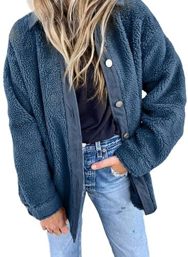 Dokotoo Fall Jackets Light Weight Fleece Sherpa Jacket Women Fall Winter Turn Down Collar Long Sleeve Button-Down Patched Coats for Women with Pockets Blue Medium | Amazon (US)