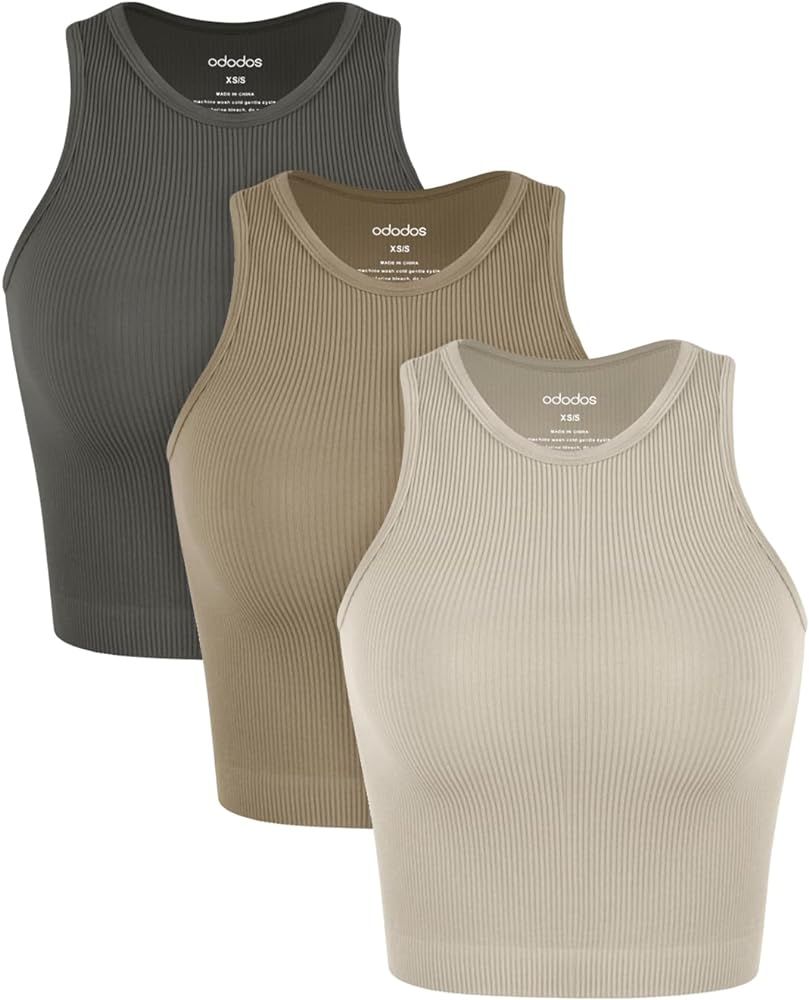 ODODOS 3-Pack Seamless Crop Tank for Women Ribbed Soft High Neck Cropped Tops | Amazon (US)