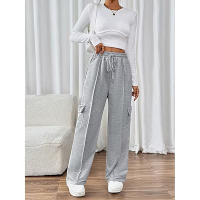 Women's Cargo Sweatpants Fleece High Waisted Wide Leg Pants Athletic Casual Baggy Sweat Pants with Pockets grey,S | Target