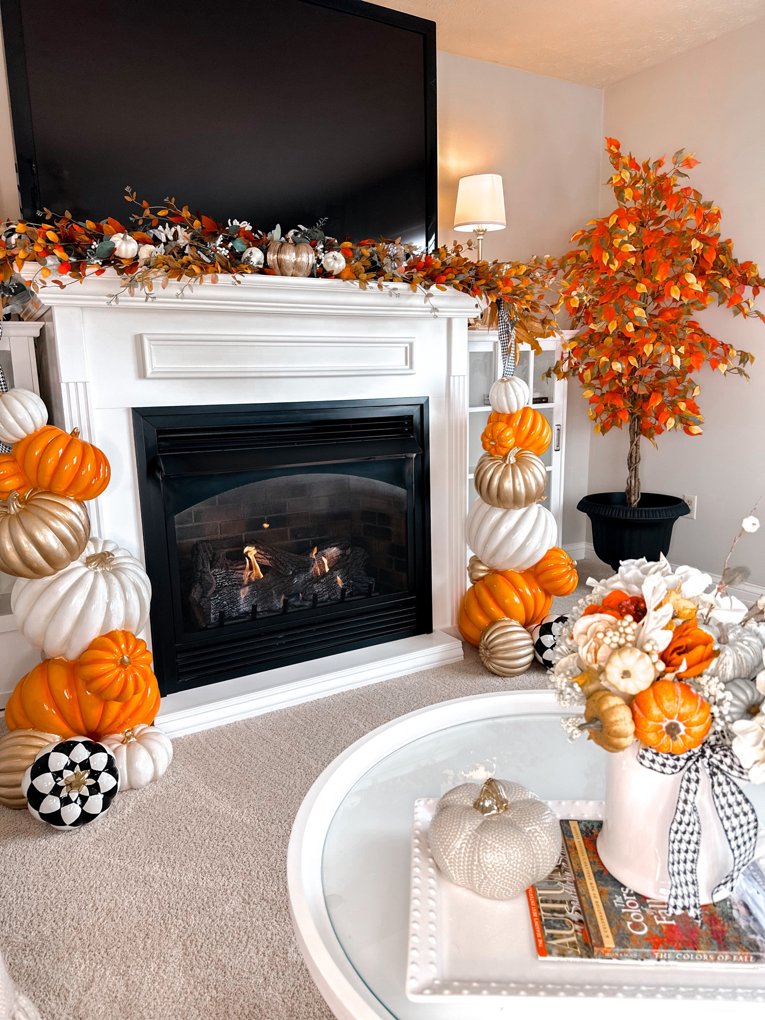 Southern Autumn Mantle
Tumbling pumpkins
Black & white pumpkins 
Buffer lamps

#LTKover40 #LTKSeasonal #LTKhome