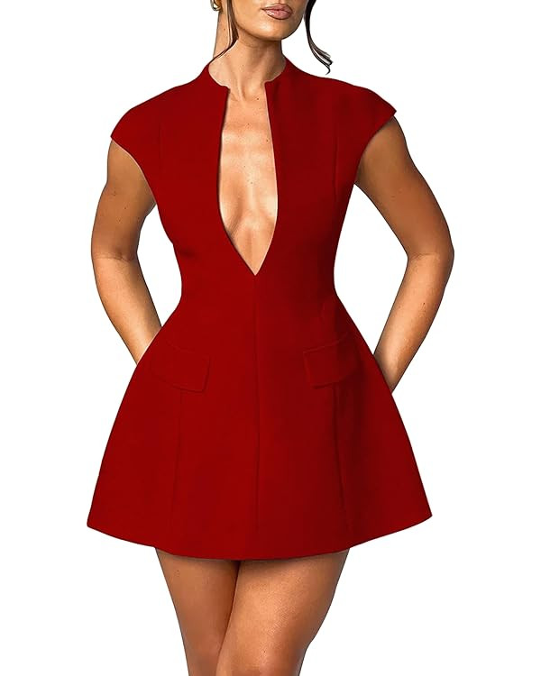 LuFeng Women's Summer Sexy Cap Sleeve Deep V Neck Zipper A-line Mini Dress Hollow Bodycon Night O... | Amazon (US)