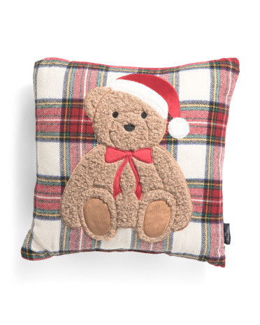 18X18 Plaid Applique Teddy Bear Pillow, Polyester/Acrylic | TJ Maxx